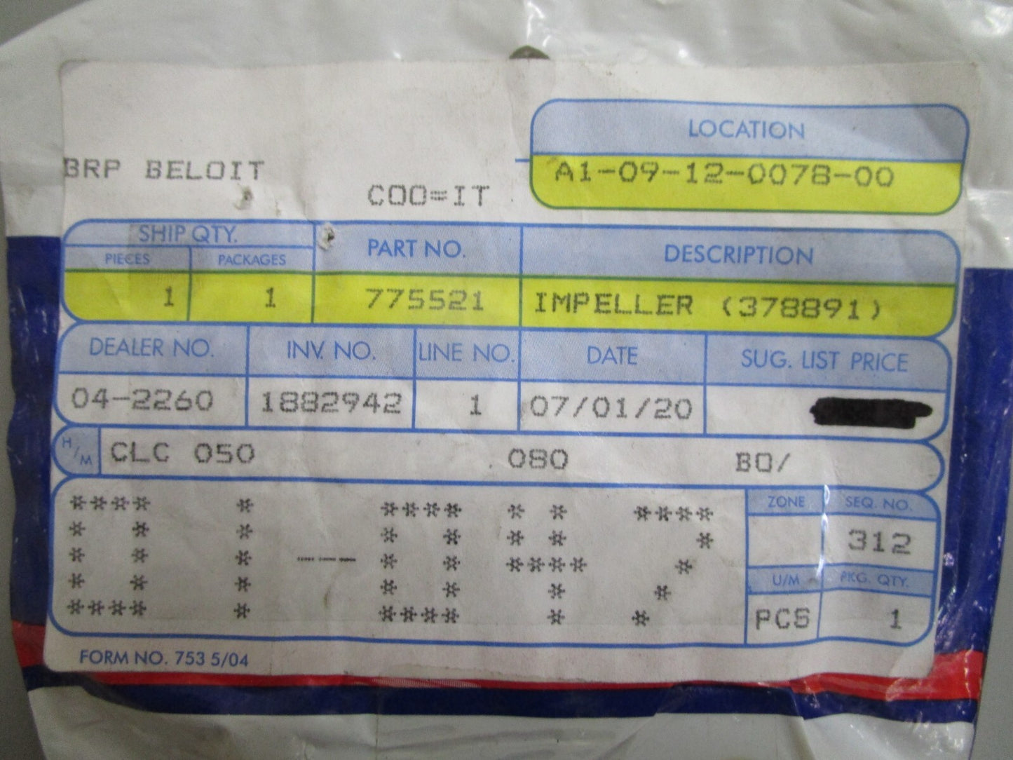 *NEW OEM* 0810 OMC Johnson Evinrude Impeller (378891) 775521 0775521