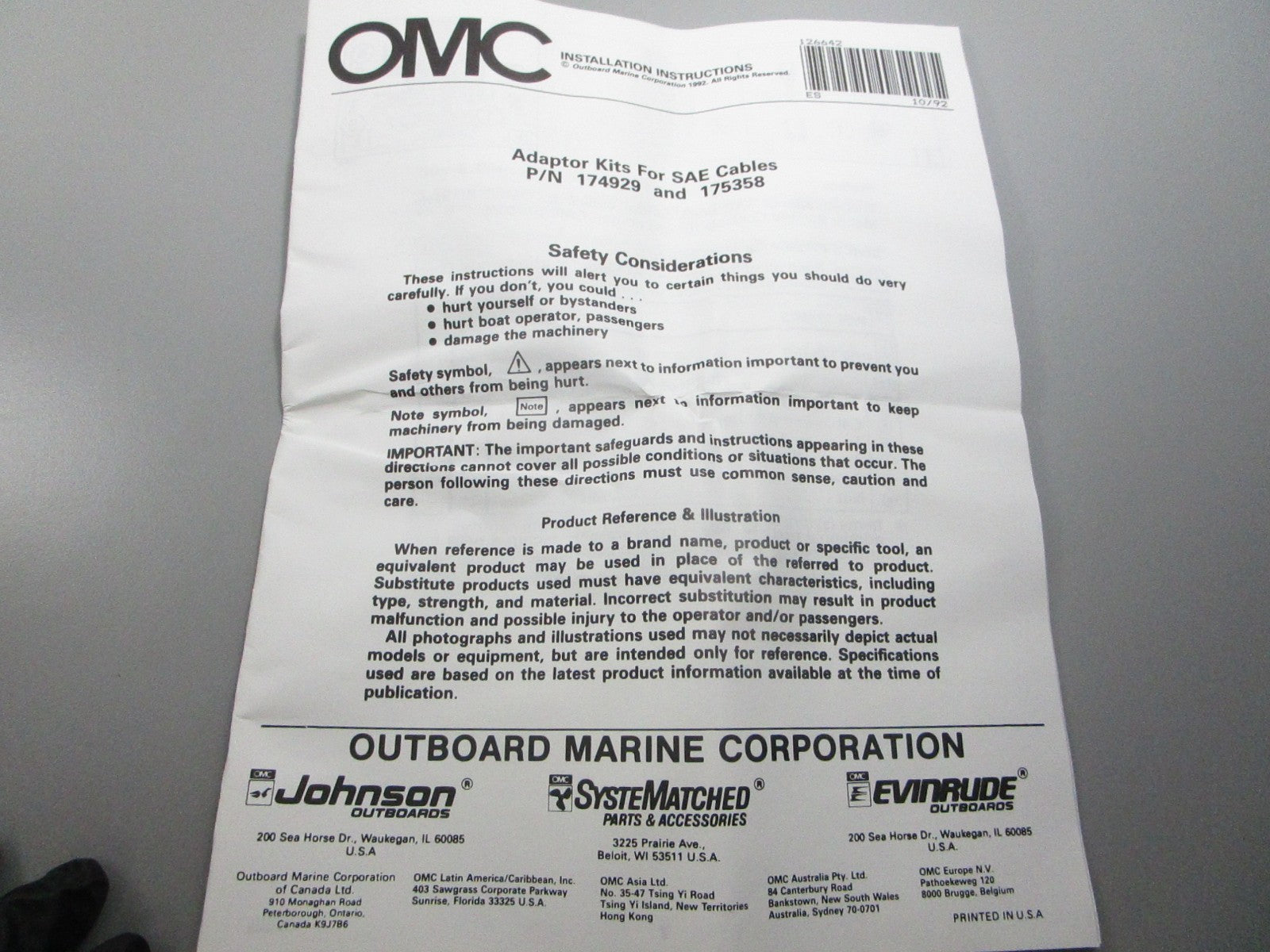 NEW OEM 174929 0174929 OMC Johnson Evinrude Cable Adapter Kit 0810