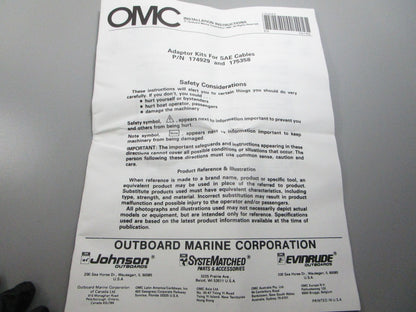 NEW OEM 174929 0174929 OMC Johnson Evinrude Cable Adapter Kit 0810