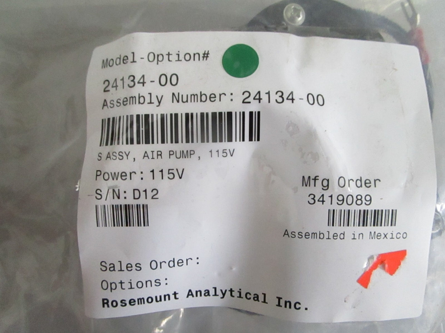 Rosemount 24134-00 TCL Air Pump Assy 115VAC 50/60Hz Sample NEW OEM 0820