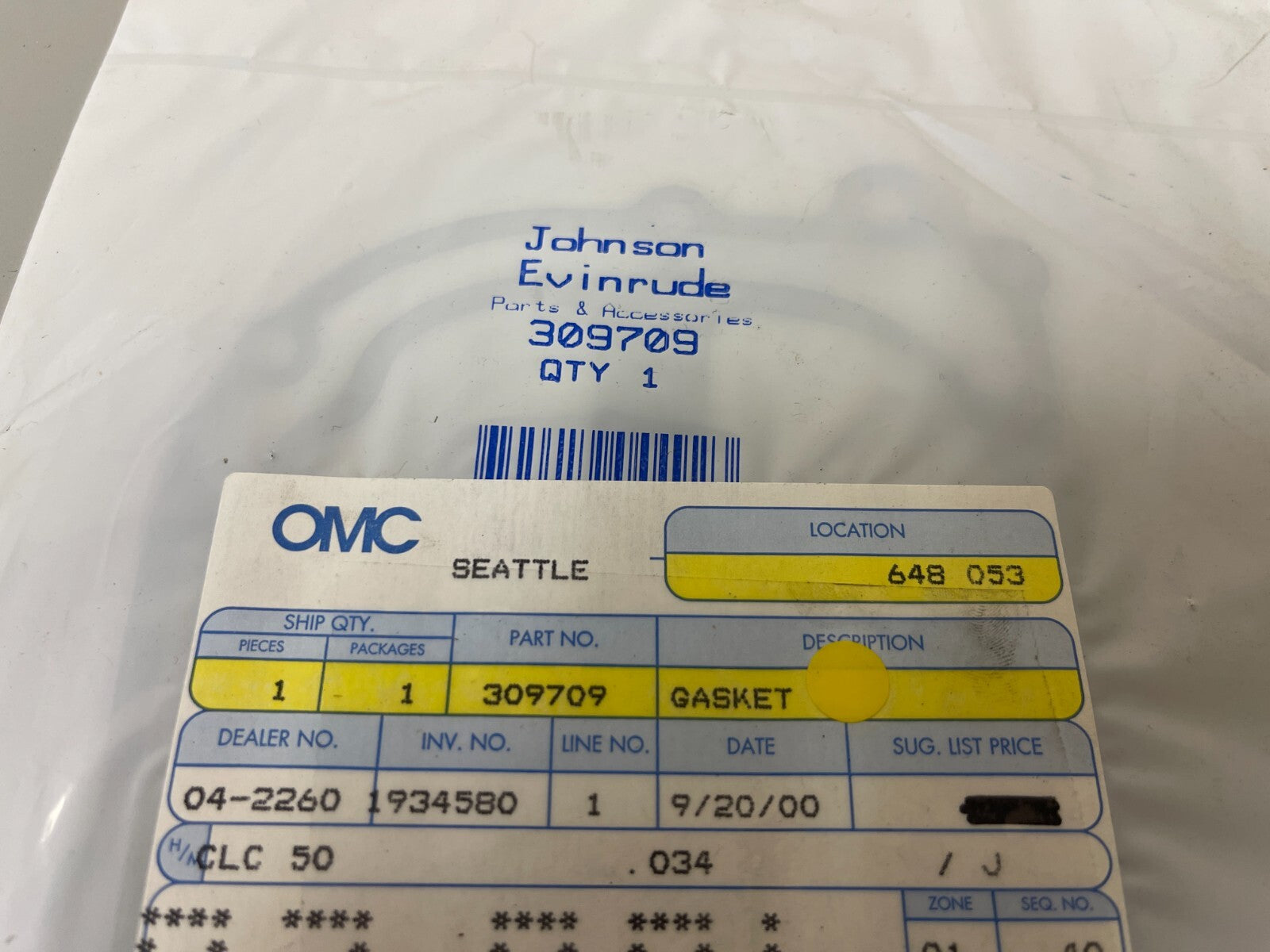 *NEW OEM* 0810 OMC Johnson Evinrude Gasket 309709 0309709