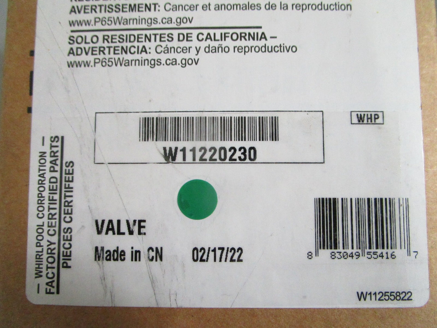 NEW OEM W11220230 Whirlpool Valve 0820