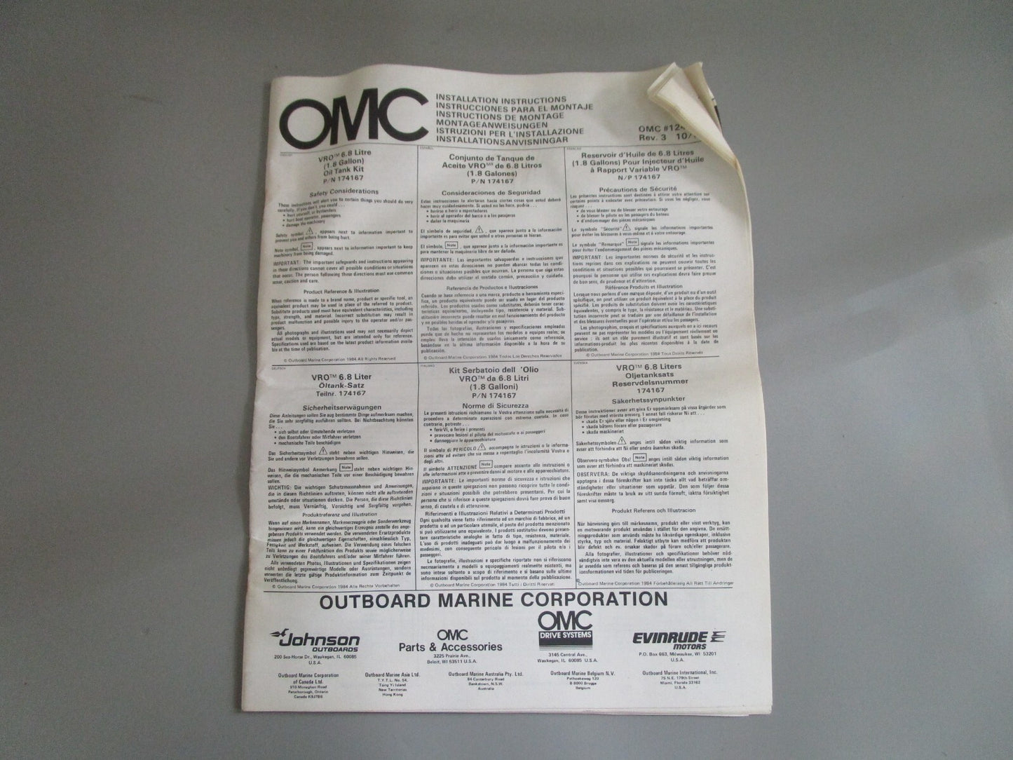 *NEW OEM* 0820 OMC Johnson Evinrude VRO 1.8 Gallon Oil Tank Kit 174167 0174167
