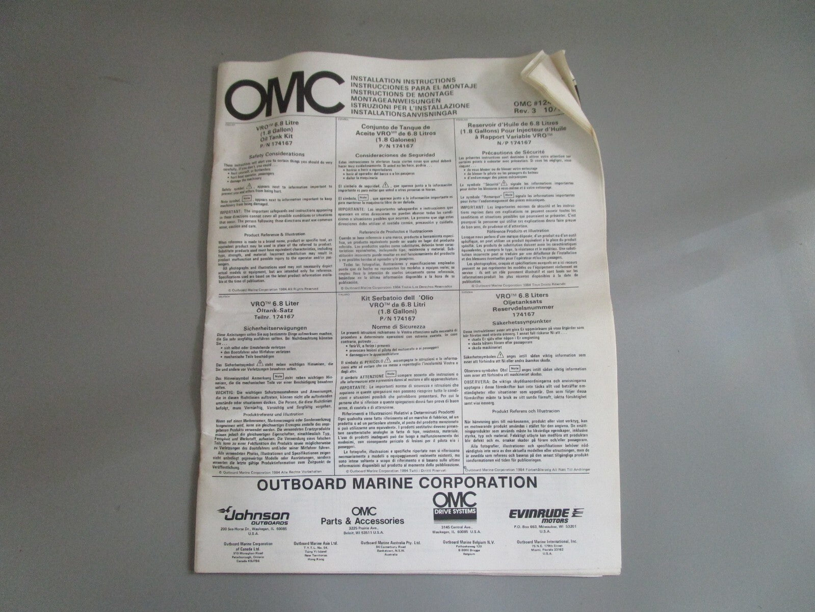 *NEW OEM* 0820 OMC Johnson Evinrude VRO 1.8 Gallon Oil Tank Kit 174167 0174167