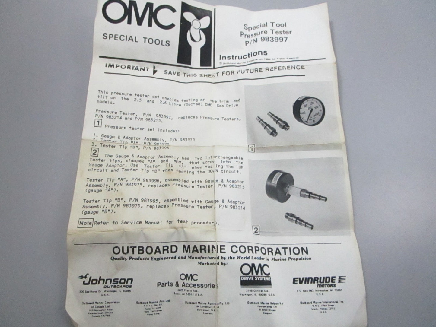 NEW OEM 983997 0983997 OMC Johnson Evinrude Pressure Gauge Kit 0810