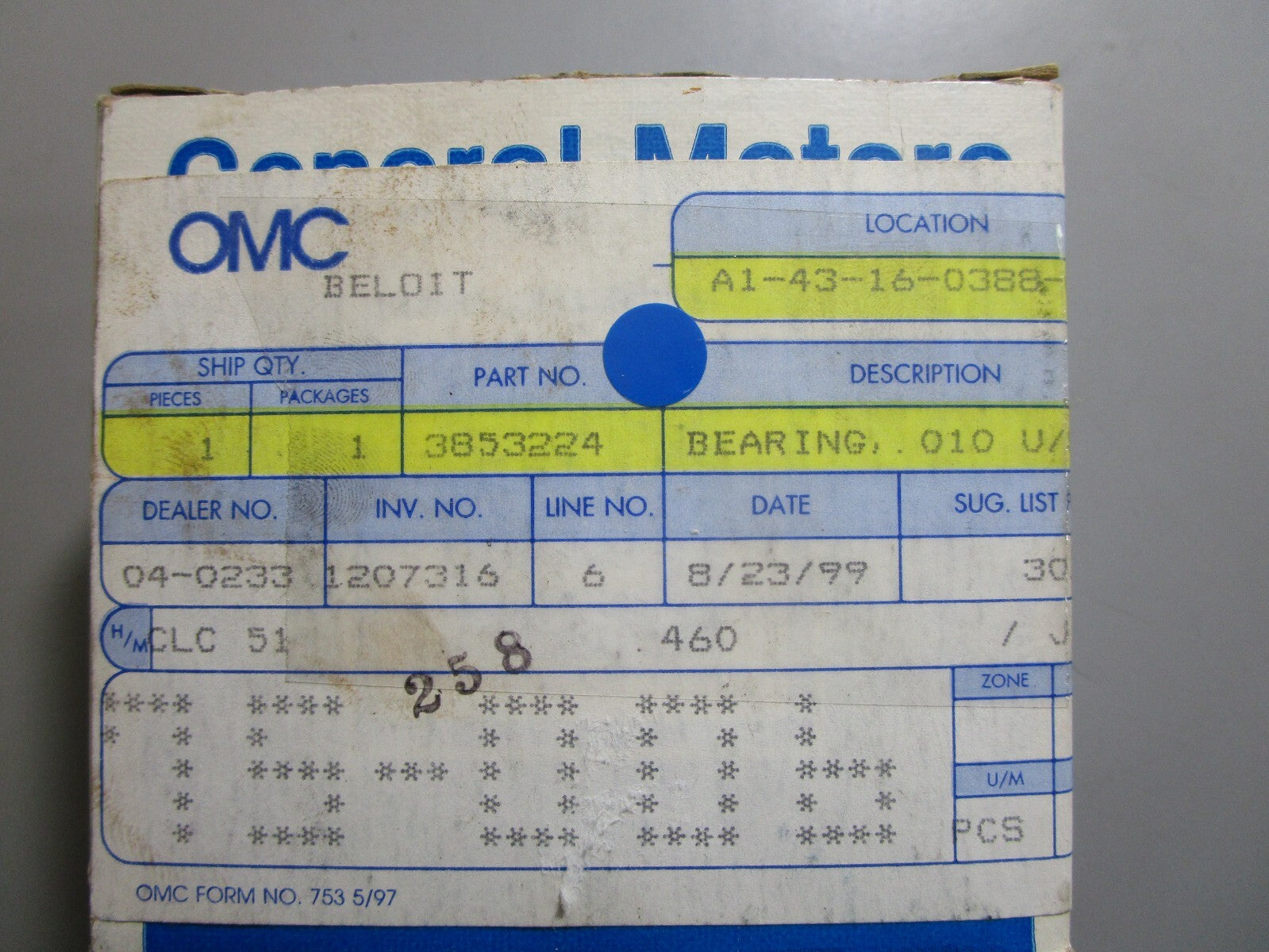 *NEW OEM* 0810 OMC Johnson Evinrude .010 U/S Bearing 3853224