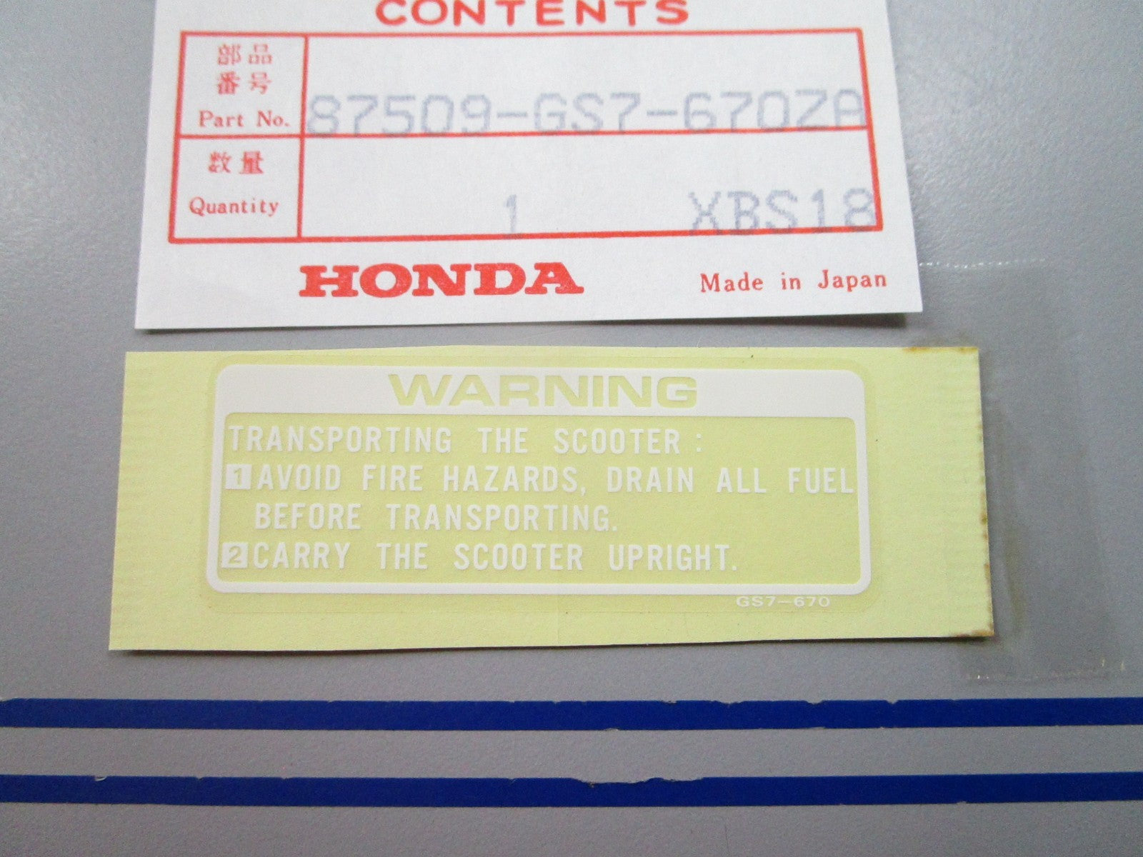 NEW OEM 87509-GS7-670ZA Honda Label 0810