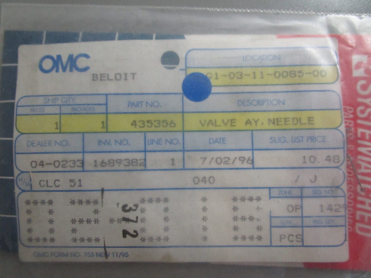 *NEW OEM* 0810 OMC Johnson Evinrude Needle Valve Assembly 435356 0435356