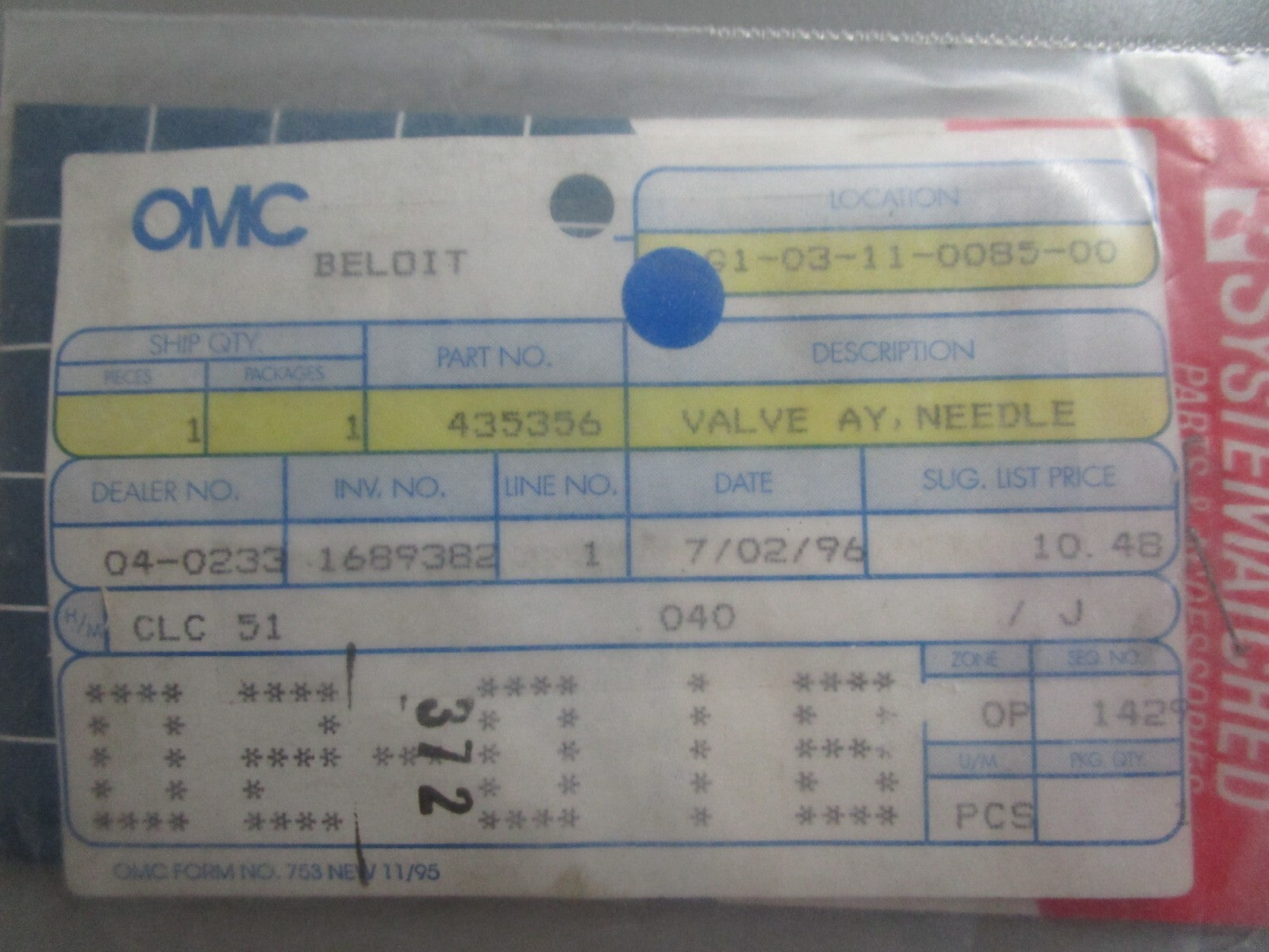 *NEW OEM* 0810 OMC Johnson Evinrude Needle Valve Assembly 435356 0435356