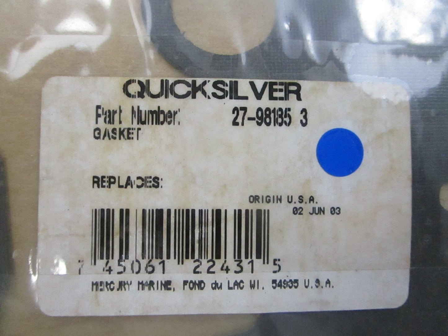 NEW OEM 27-98185 3 Mercury Quicksilver Gasket 0810