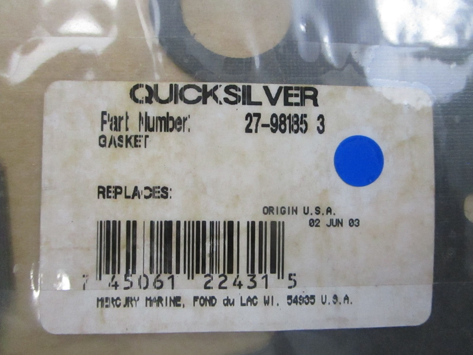 NEW OEM 27-98185 3 Mercury Quicksilver Gasket 0810