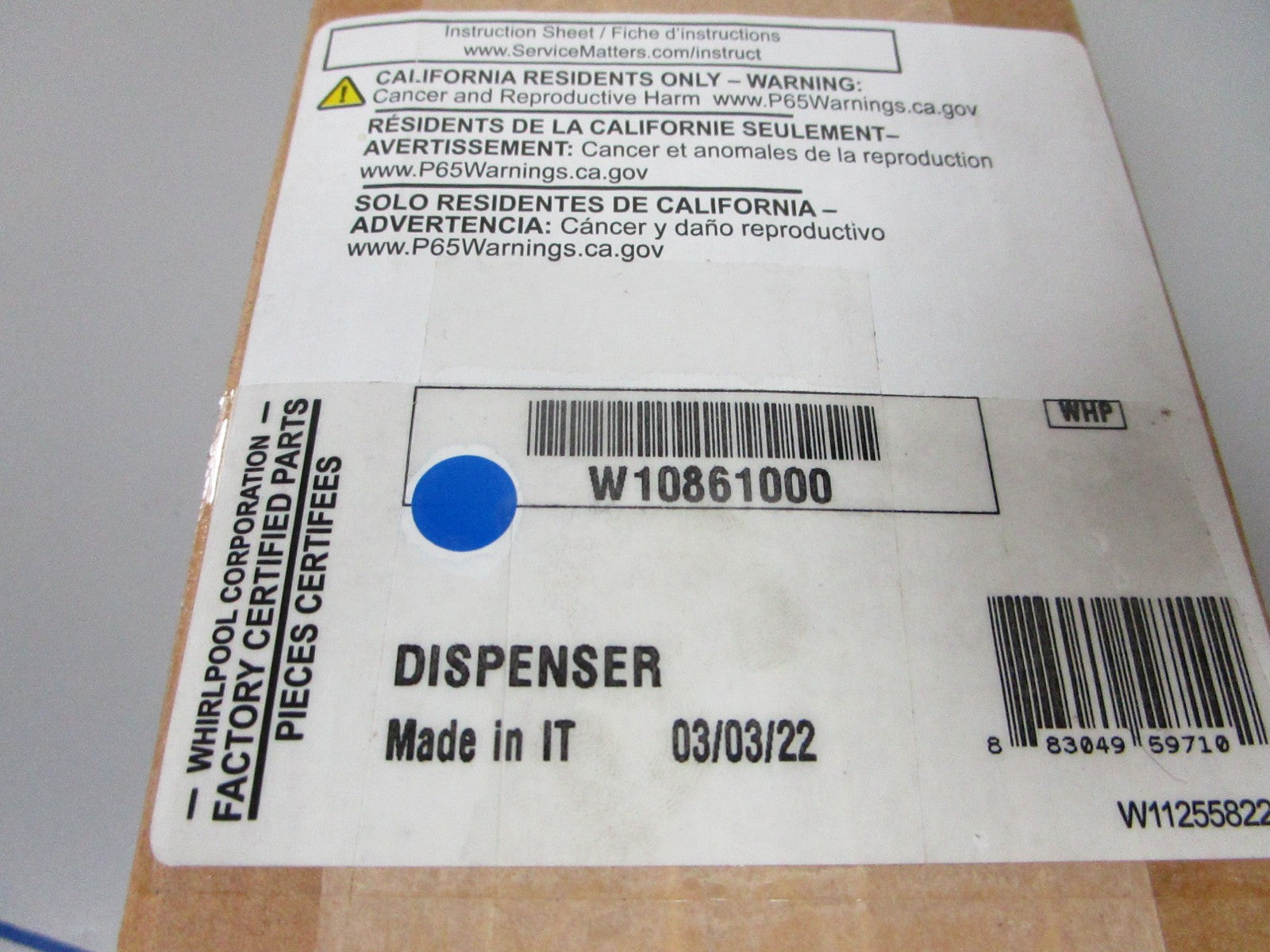 NEW OEM W10861000 Whirlpool Dishwasher Detergent Dispenser 0720