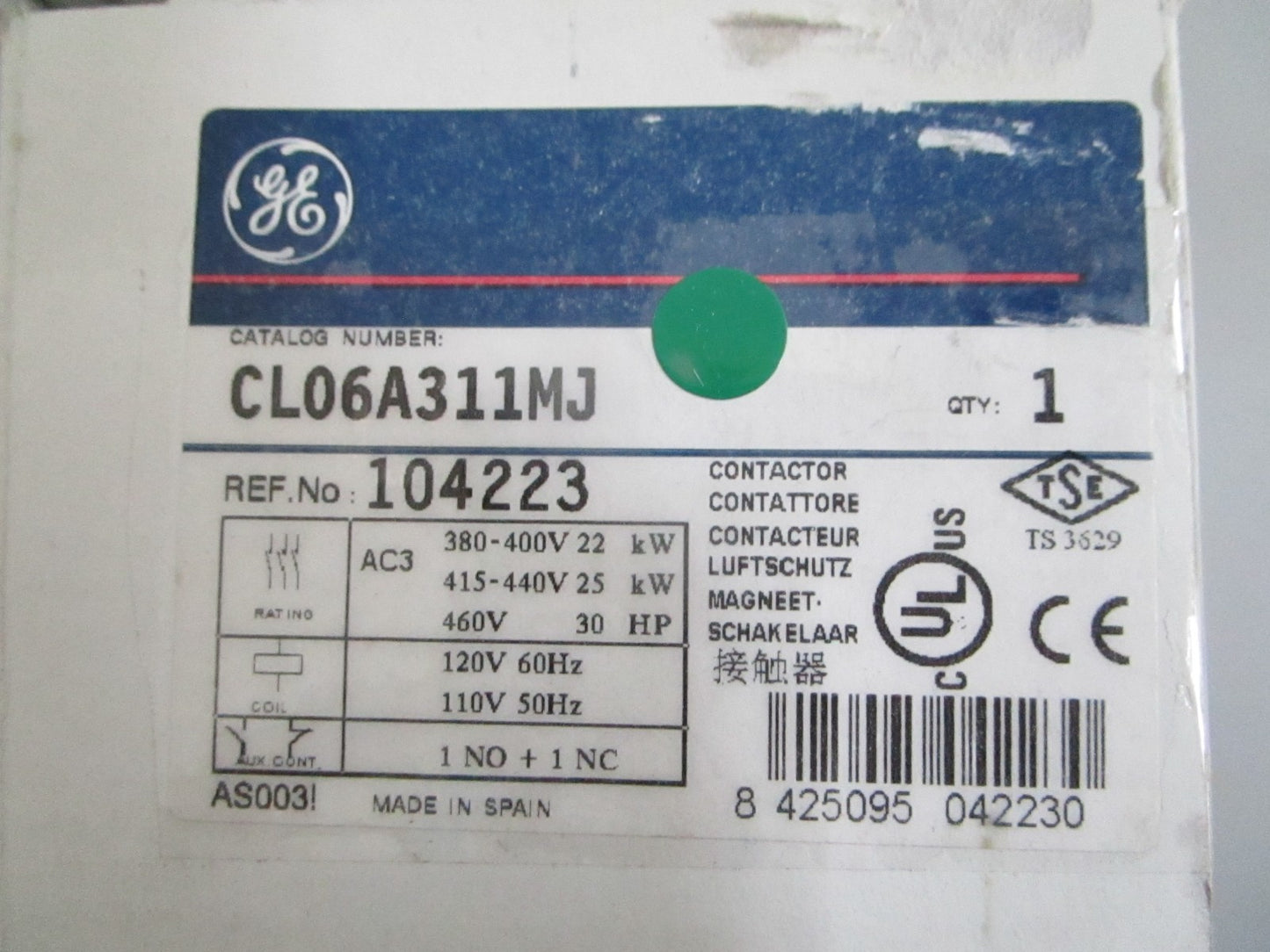 GE CL06A311MJ IEC Contactor 3P 48A 30HP 460V 120V Coil NOS NEW OEM 0820