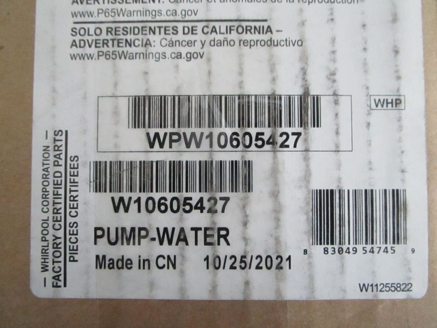 *NEW OEM* 0820 Whirlpool Water Pump W10605427 WPW10605427