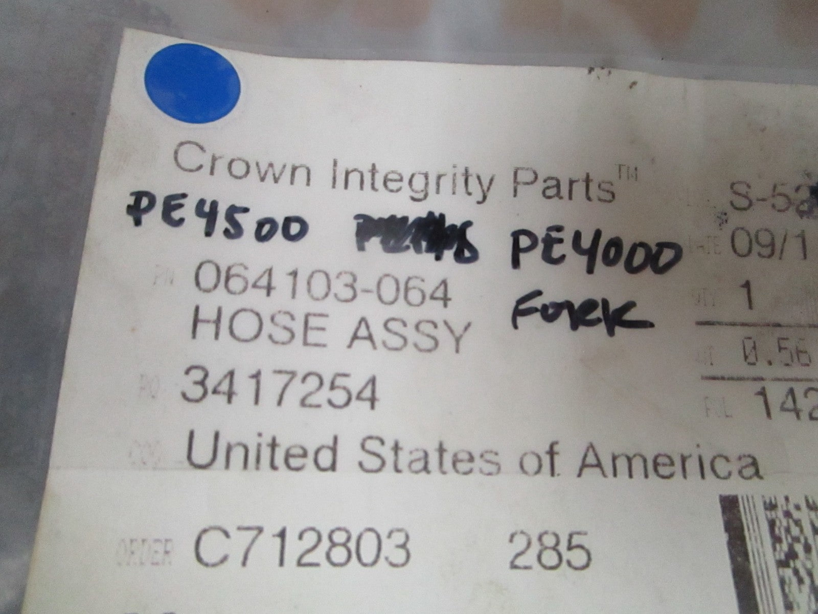 *NEW OEM* 0720 Crown PE4500 PE4000 Forklift Hose Assembly 064103-064