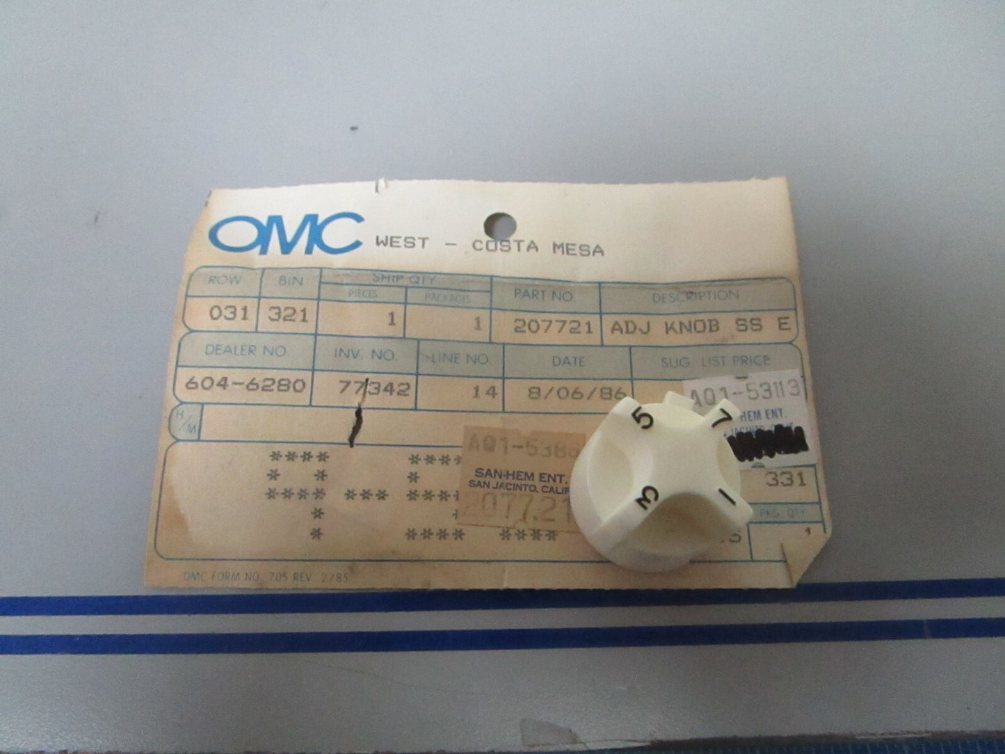 *NEW OEM* 0810 OMC Johnson Evinrude Adjustment Knob 207721 0207721