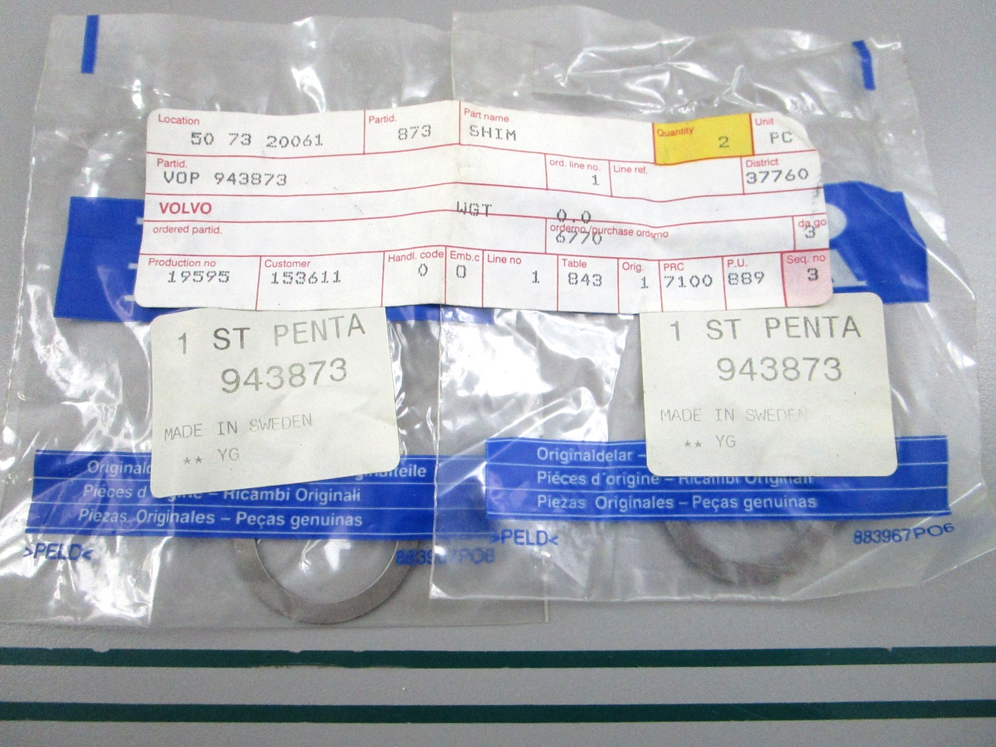 NEW OEM (LOT OF 2) 943873 Volvo Penta Shim 0810