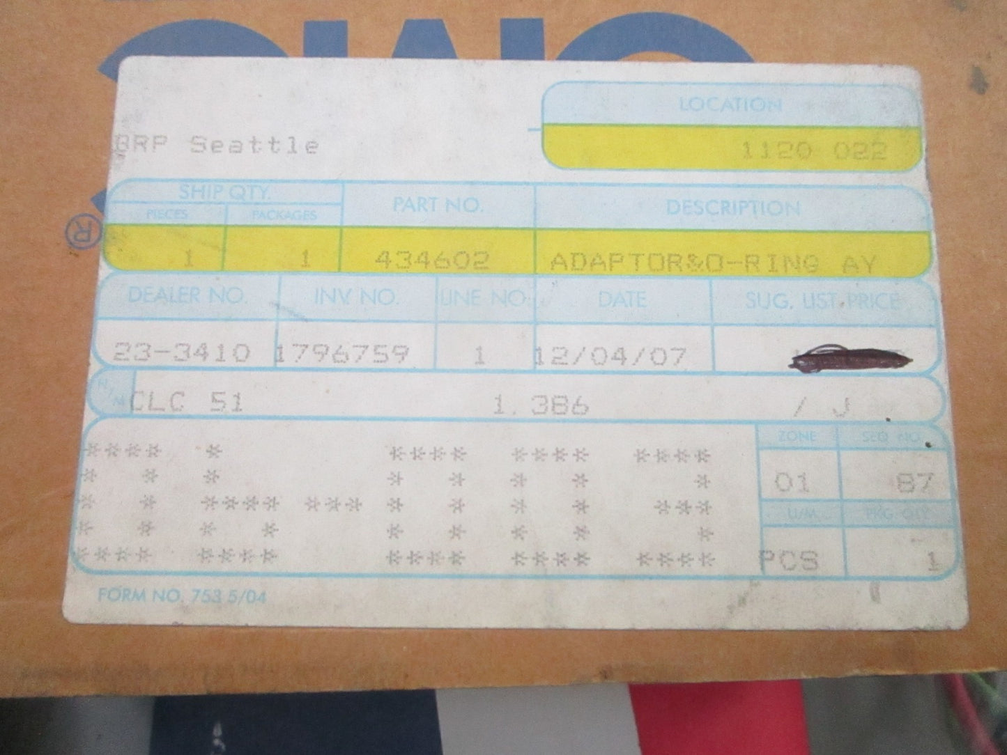 *NEW OEM* 0810 OMC Johnson Evinrude Adapter & O-Ring Assembly 434602 0434602