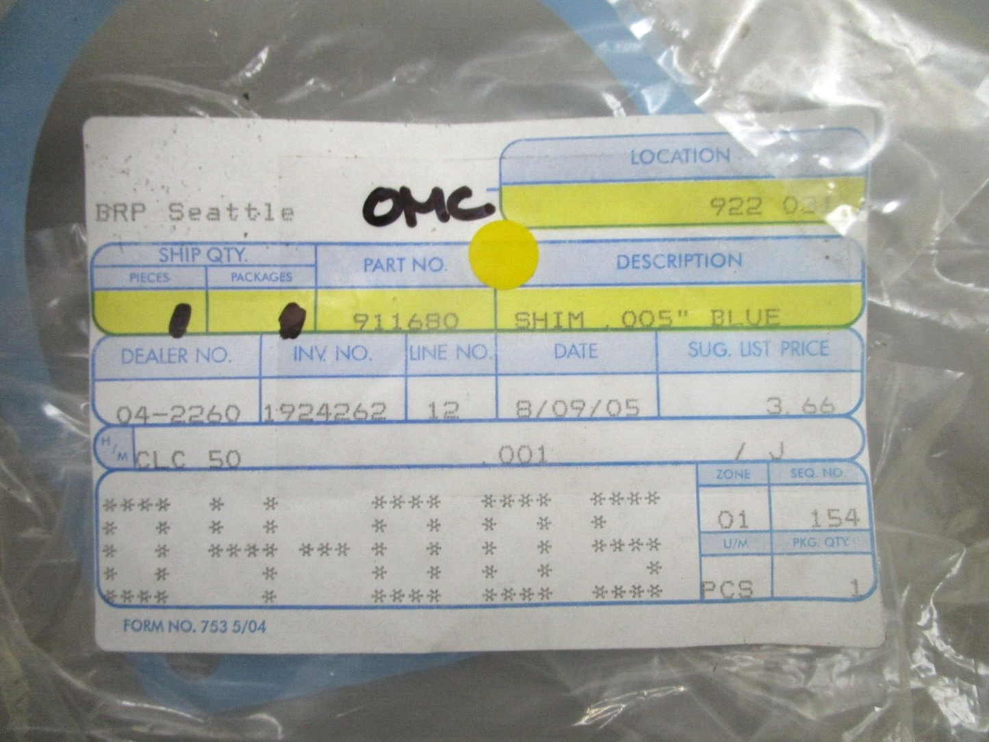 *NEW OEM* 0750 OMC Johnson Evinrude  SHIM  .005  BLUE 911680