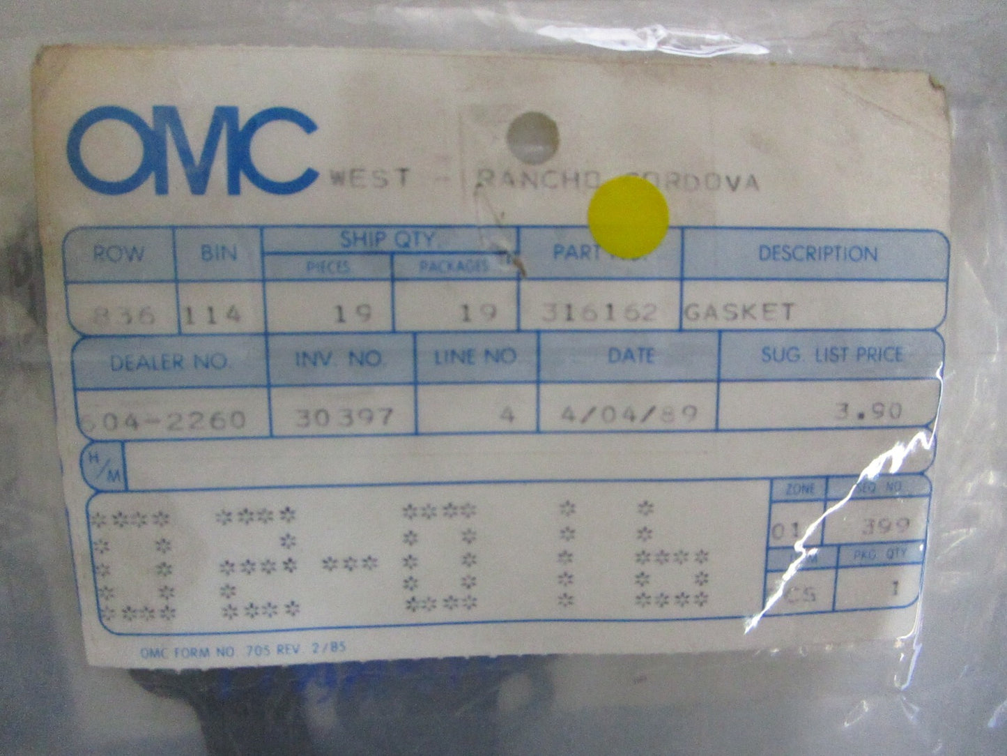 *NEW OEM* 0750 OMC Johnson Evinrude GASKET 316162 0316162