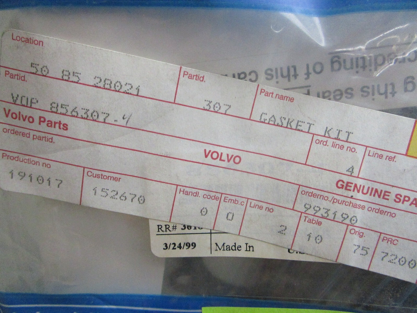 *NEW OEM* 0810 Volvo Penta Gasket Kit 856307