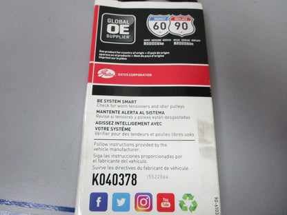 NEW K040378 Gates Micro-V 9/16" x 38 ½" Serpentine Belt 0720