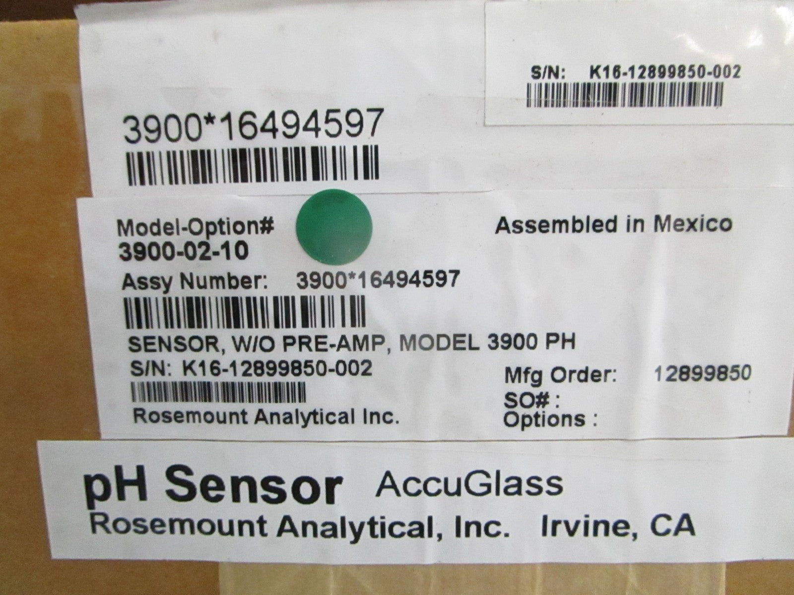 Rosemount 3900-02-10 Model 3900 AccuGlass pH Sensor W/O Pre-Amp NEW OEM 0820