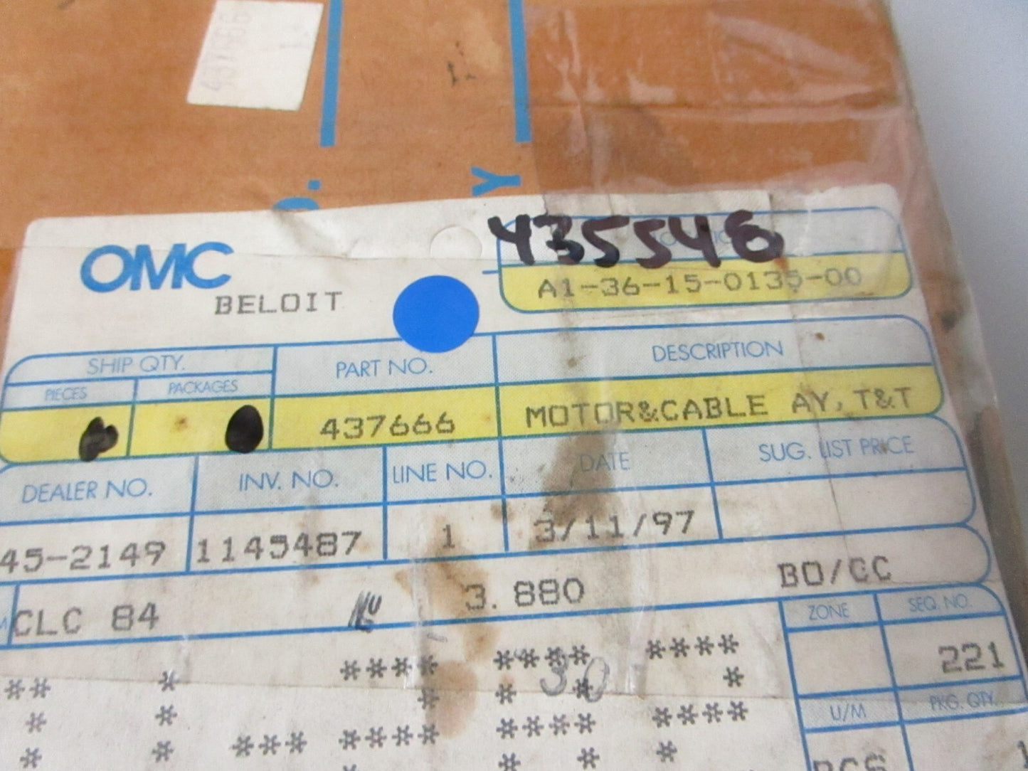 *NEW OEM* 0810 OMC Johnson Evinrude T&T Motor & Cable Assembly 437666 0437666