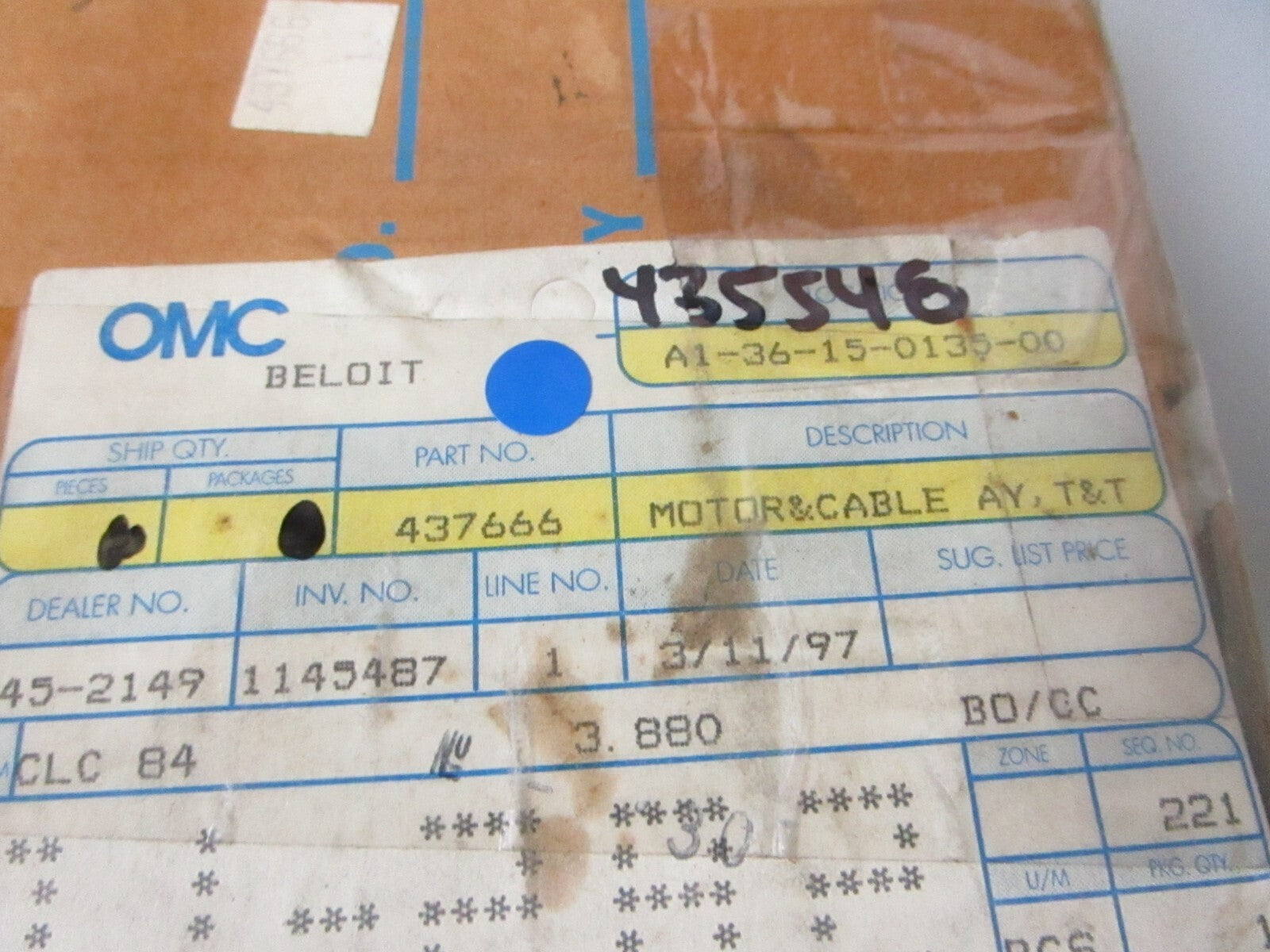 *NEW OEM* 0810 OMC Johnson Evinrude T&T Motor & Cable Assembly 437666 0437666