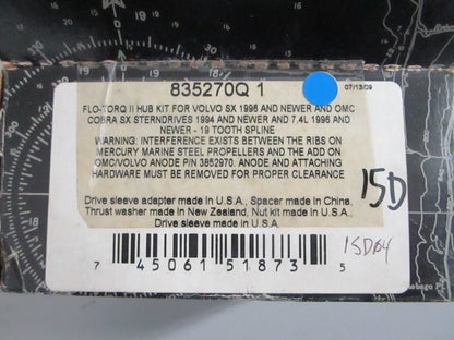 NEW OEM 835270Q1 Mercury Quicksilver Flo-Torq II Hub Kit For: 1995 Volvo SX 0820