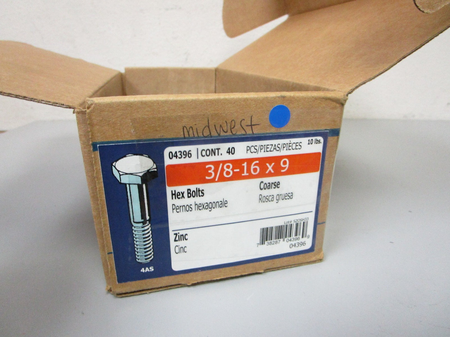 NEW 04396 Midwest 40 Piece Carton 3/8-16 x 9 inch Zinc Hex Bolt 0720