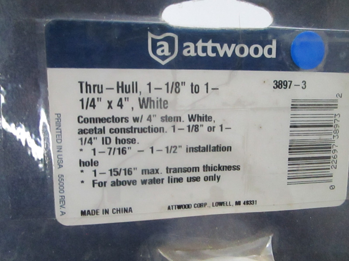 *NEW* 0810 Attwood White Thru Hull Connecter 3897-3