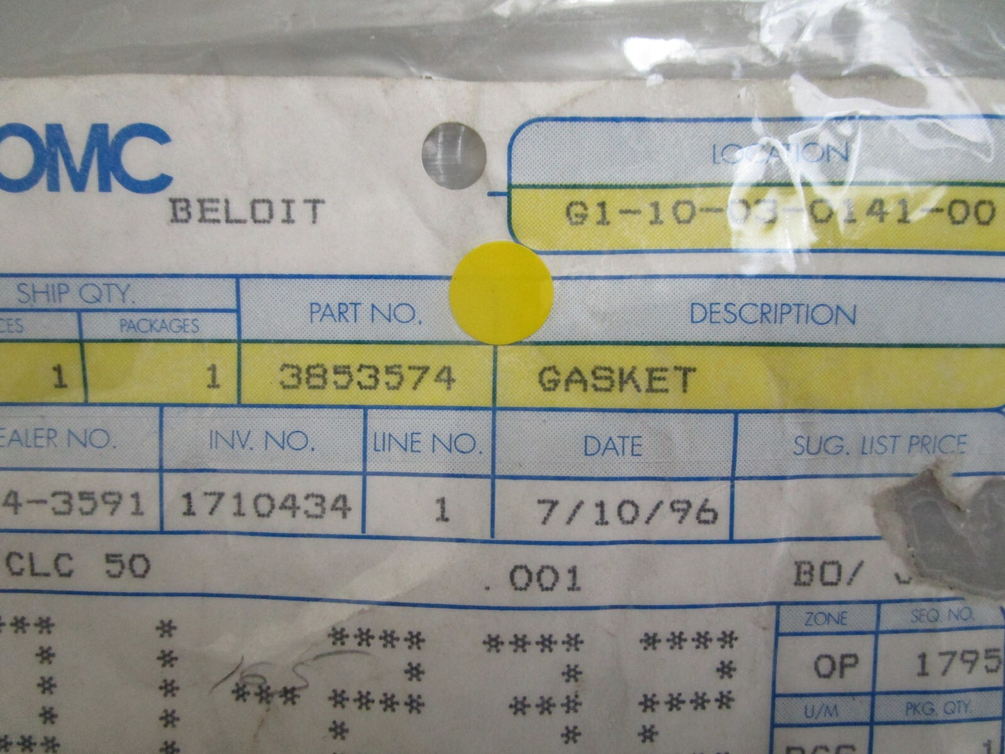 *NEW OEM* 0820 OMC Johnson Evinrude Gasket 3853574