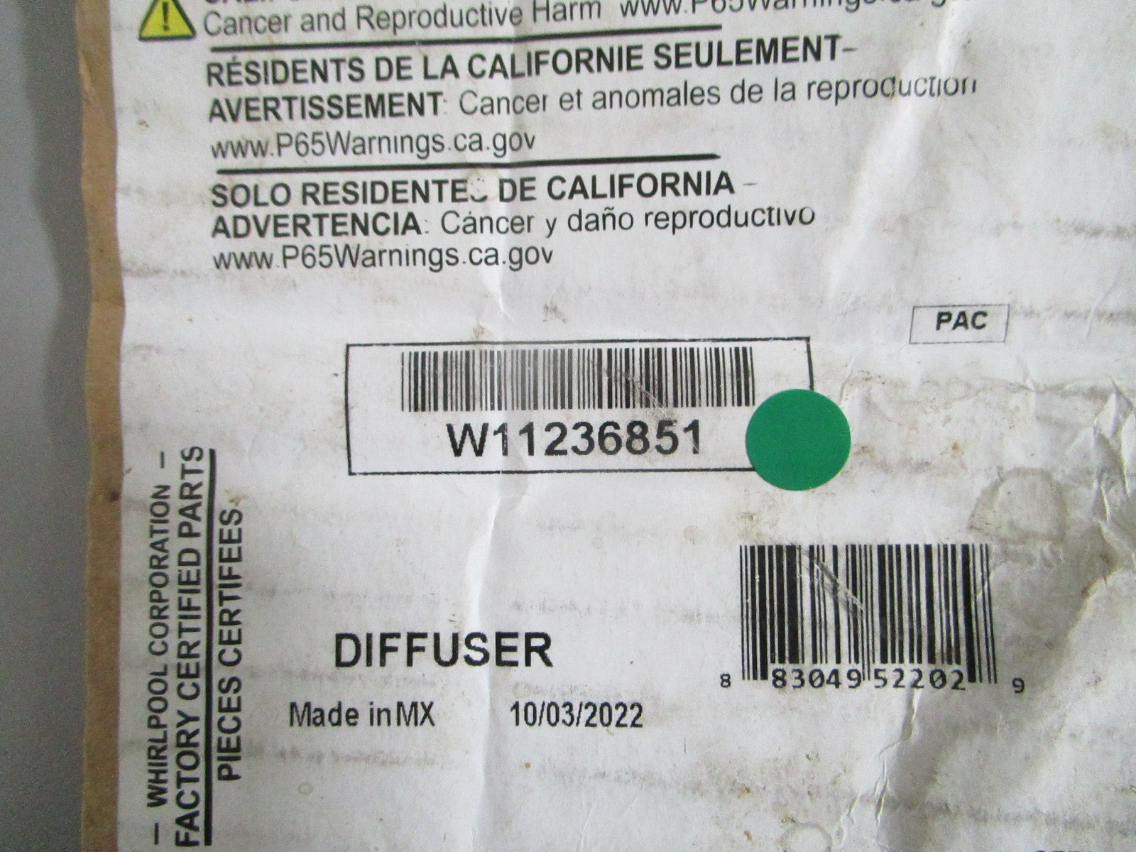 Whirlpool NEW OEM Refrigerator Air Damper Diffuser Assembly W11236851 NOS 0820