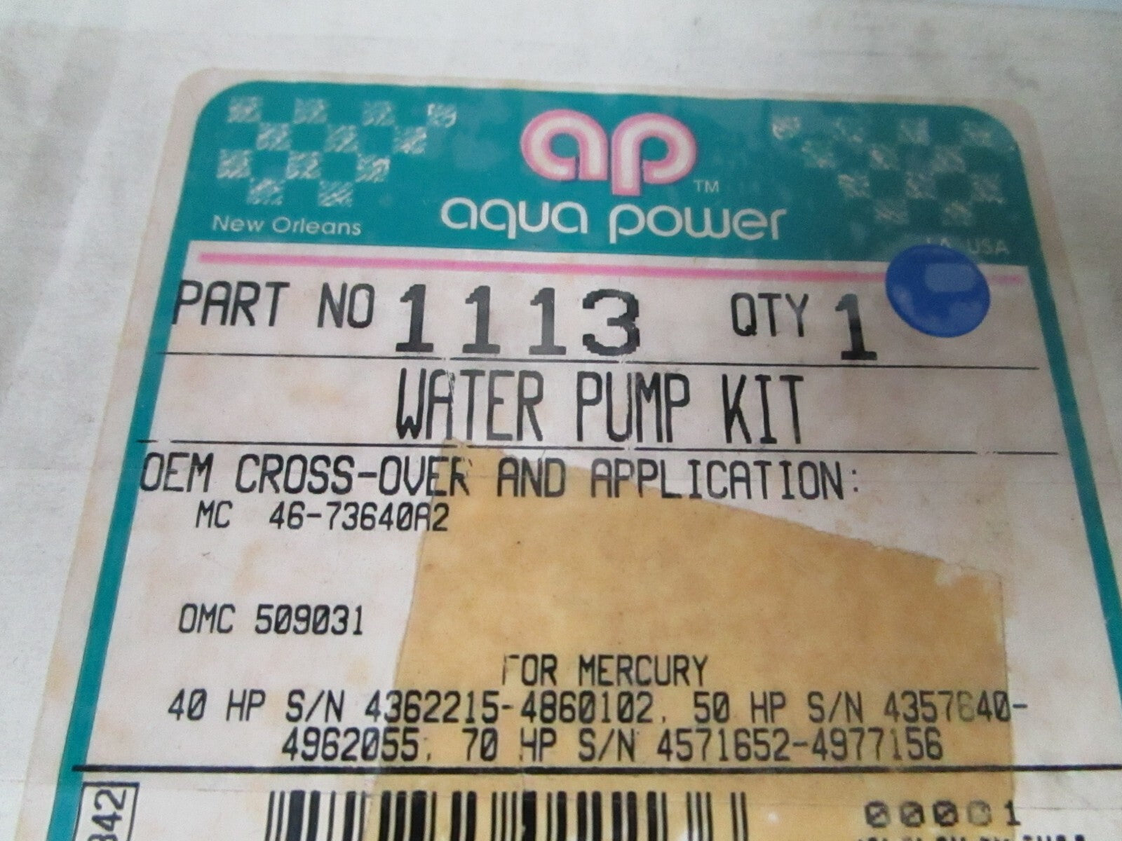 *NEW* 0720 Aqua Power Water Pump Kit 1113 Replace: Mercury 46-73640A2 OMC 509031