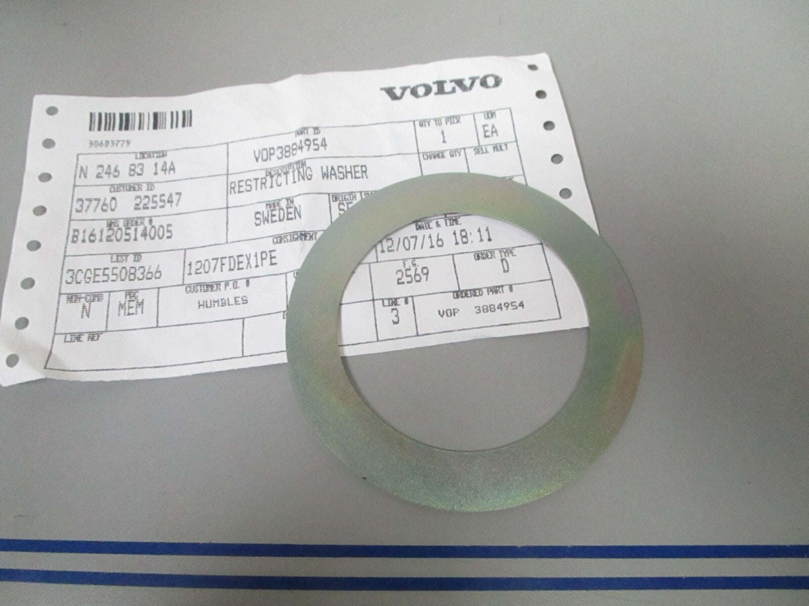 *NEW OEM* 0810 Volvo Penta Restricting Washer 3884954