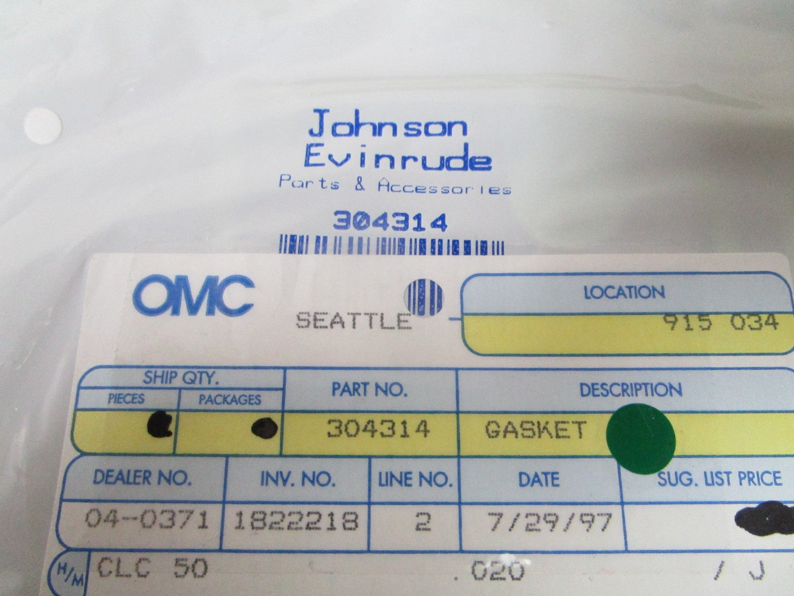 NEW OEM 304314 0304314 OMC Johnson Evinrude Gasket 0810