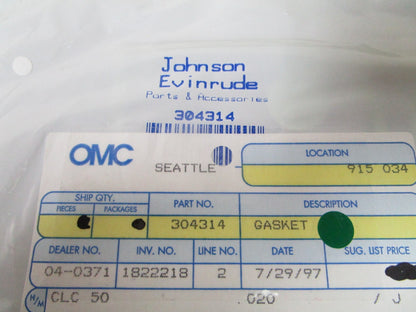 NEW OEM 304314 0304314 OMC Johnson Evinrude Gasket 0810