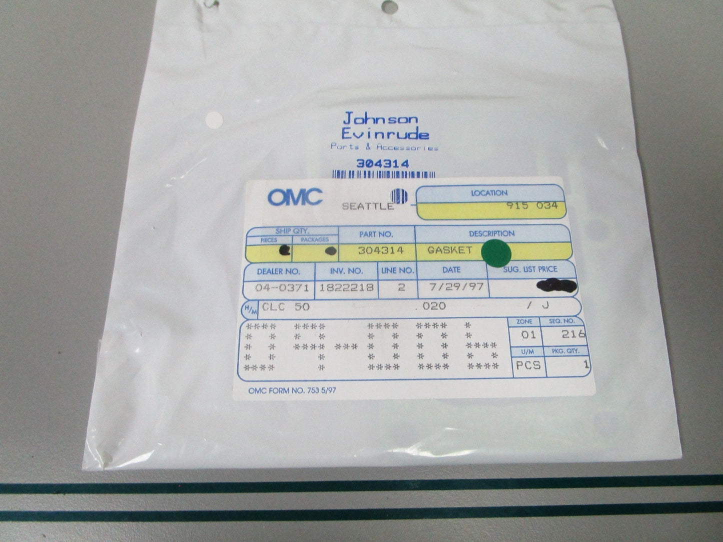 NEW OEM 304314 0304314 OMC Johnson Evinrude Gasket 0810