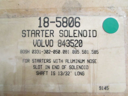 NEW 18-5806 Sierra Starter Solenoid Rep: 843520 Volvo 0820