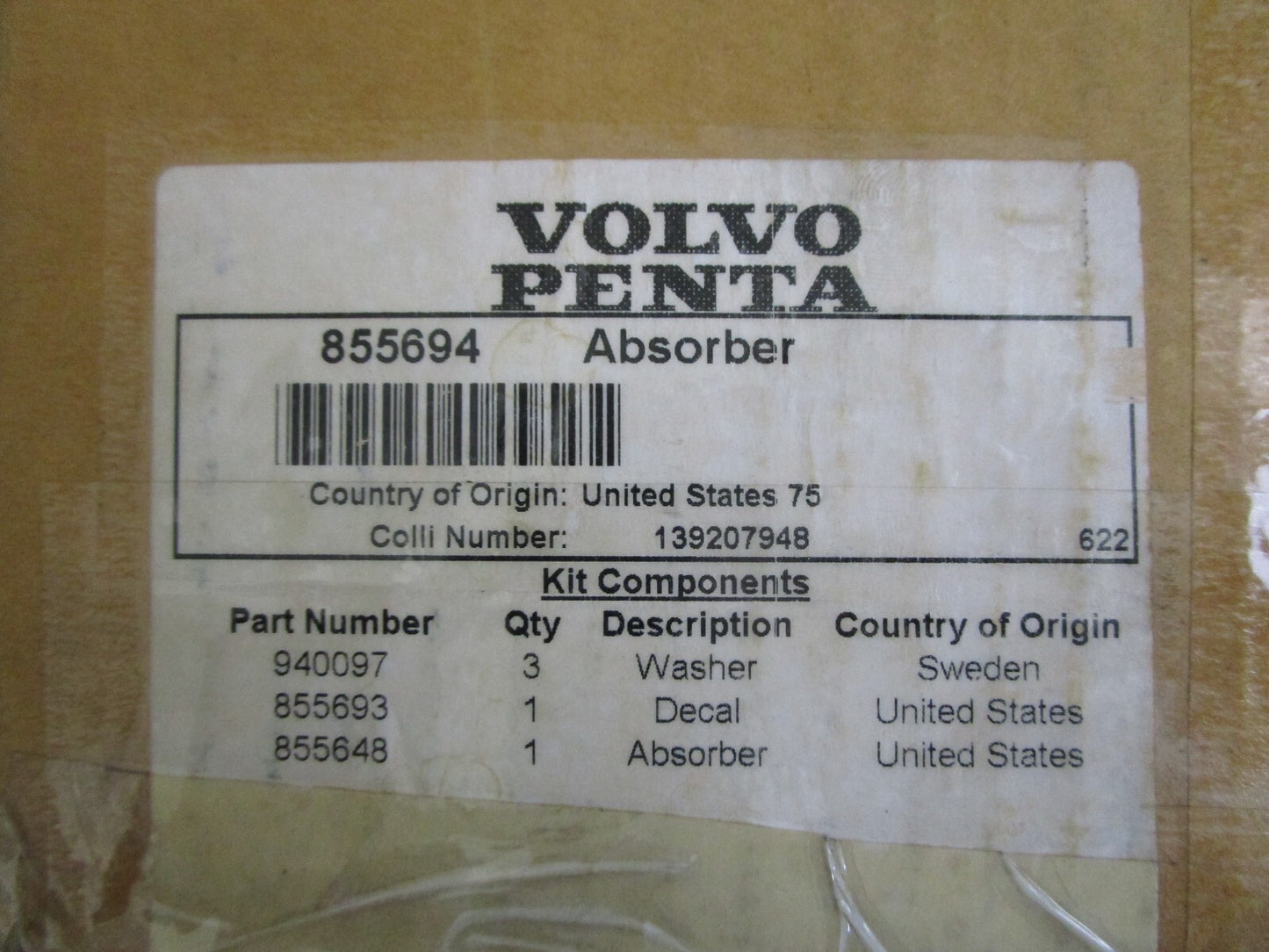 *NEW OEM* 0820 Volvo Penta Absorber 855694