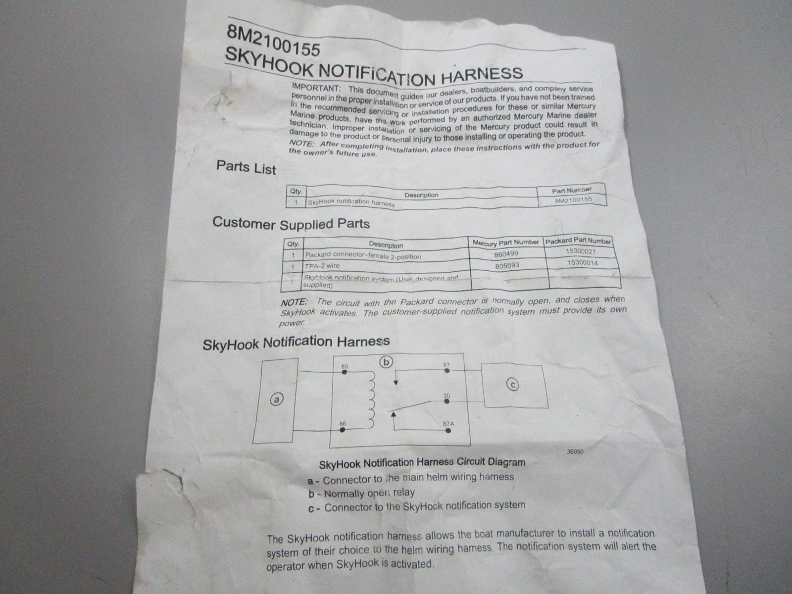 NEW OEM 84-879150A33 Mercury Quicksilver Skyhook Notification Harness 0810