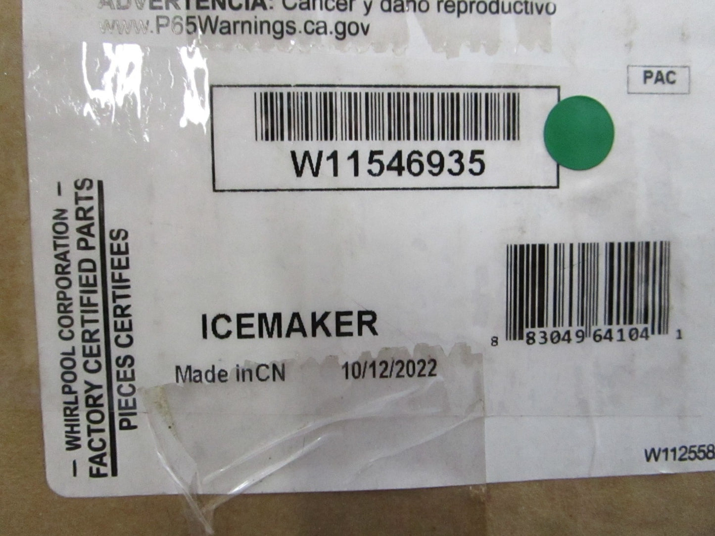 NEW OEM W11546935 Whirlpool Ice Maker 0810