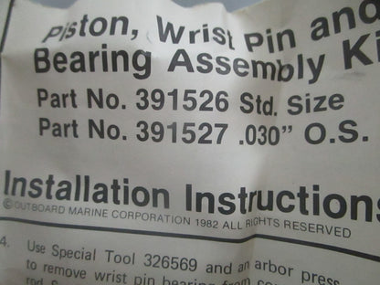 *NEW OEM* 0820 OMC Johnson Evinrude .030 Piston, Wrist Pin and Bearing Ay 391527