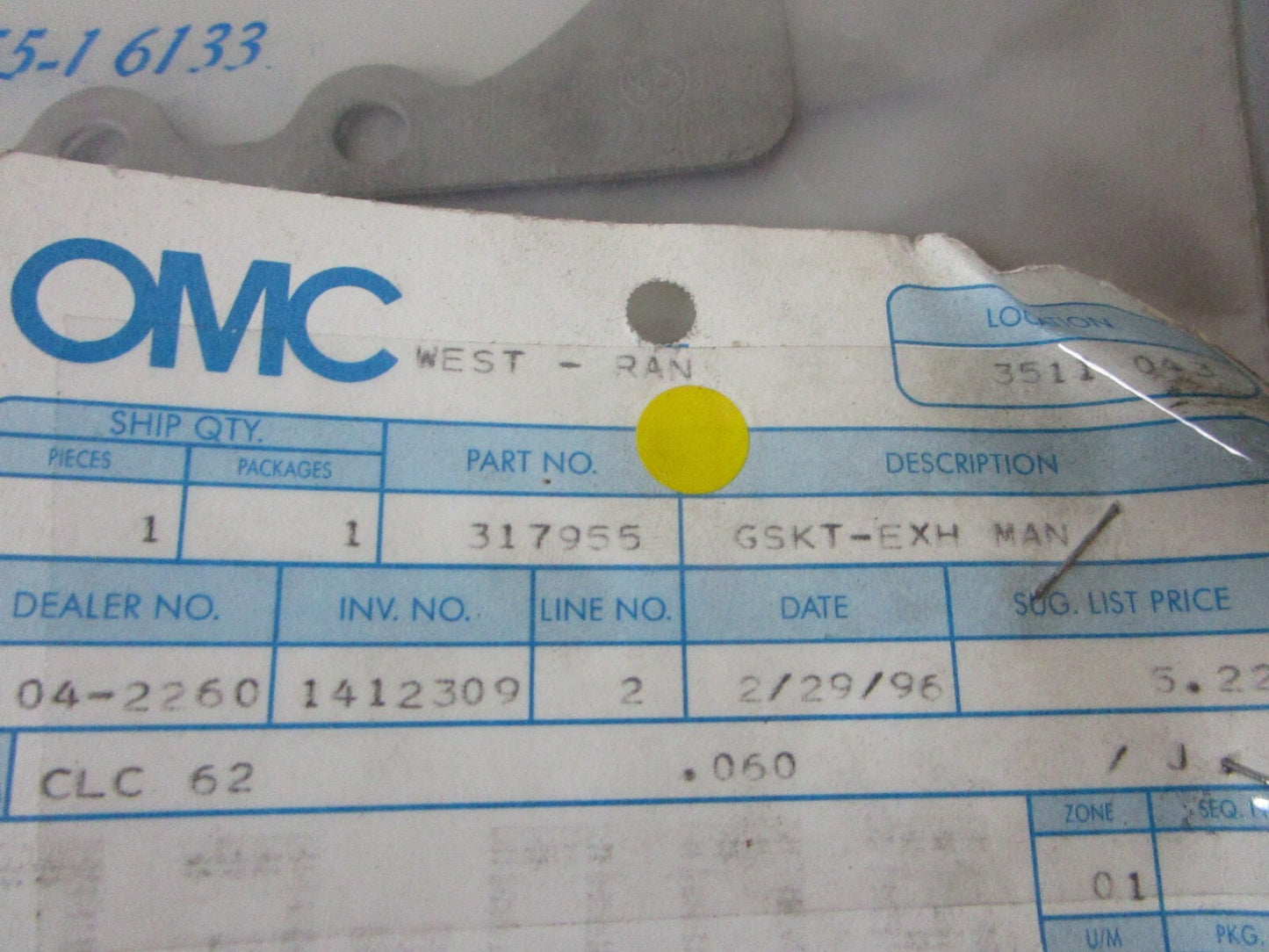 *NEW OEM* 0810 OMC Johnson Evinrude Exhaust Gasket 317955 0317955