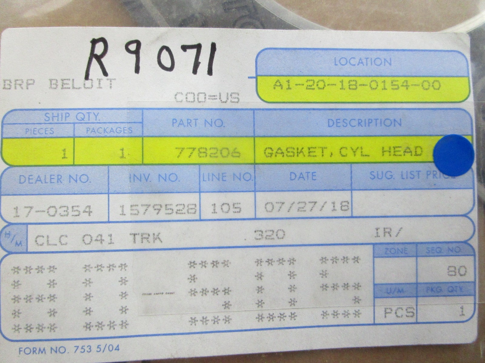 *NEW OEM* 0810 OMC Johnson Evinrude Cylinder Head Gasket 778206 0778206