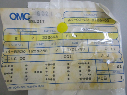 *NEW OEM* 0750 OMC Johnson Evinrude PLUG 332606 0332606