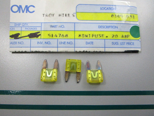 NEW OEM (LOT OF 3) 514768 0514768 OMC Johnson Evinrude 20AMP Mini Fuse 0810