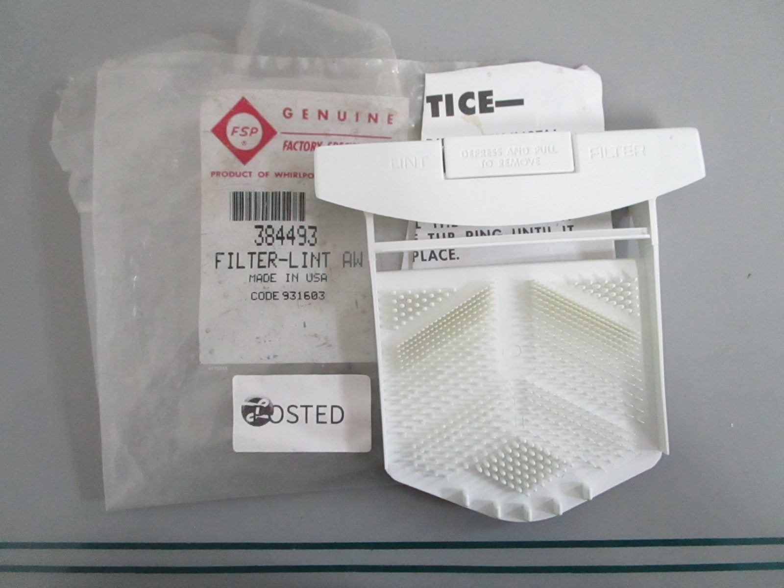 NEW OEM 384493 Whirlpool Lint Filter 0820