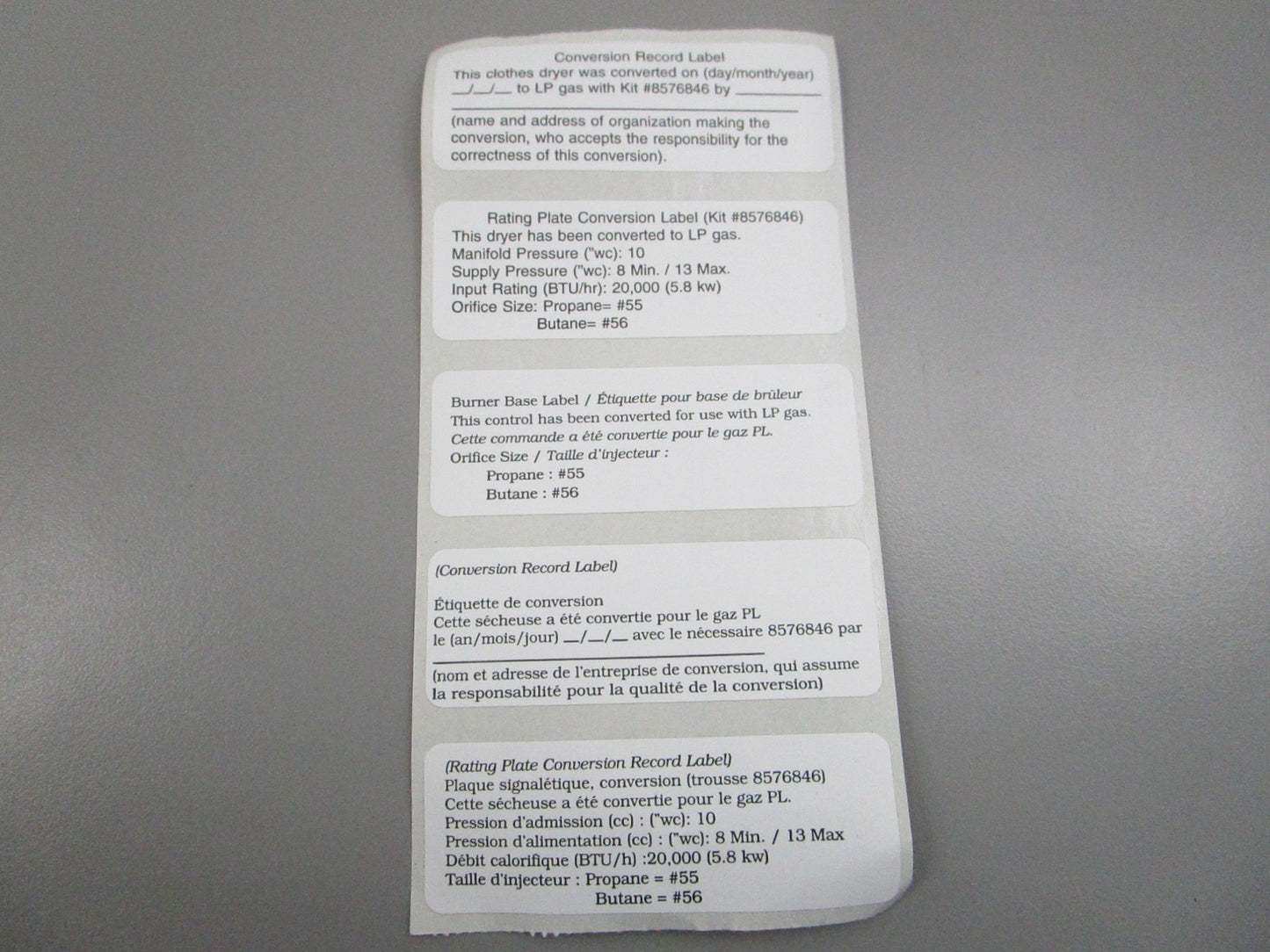 NEW OEM 8576846A Whirlpool LP Gas Conversion Kit 0810